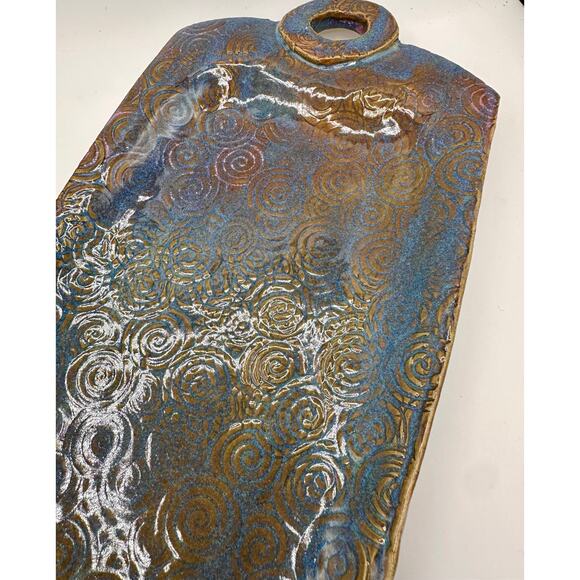 Handmade Raku-Style Ceramic Platter — Iridescent Blue & Copper Swirl Pattern - Picture 1 of 12